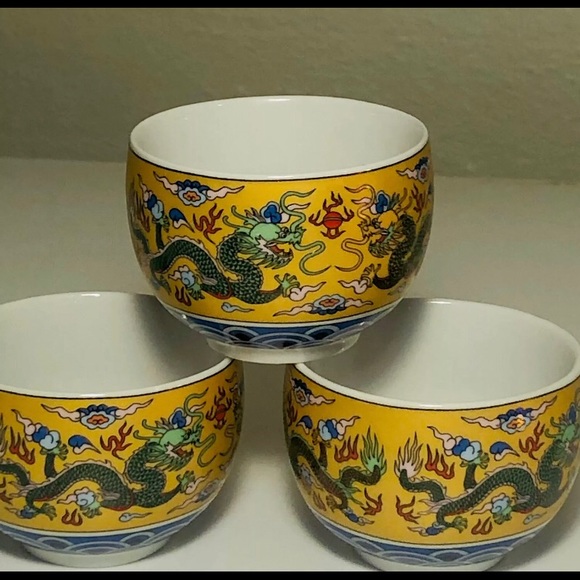 Antique Japanese Cups Asian Style Stoneware Dragon Design set of 3 - Picture 6 of 8